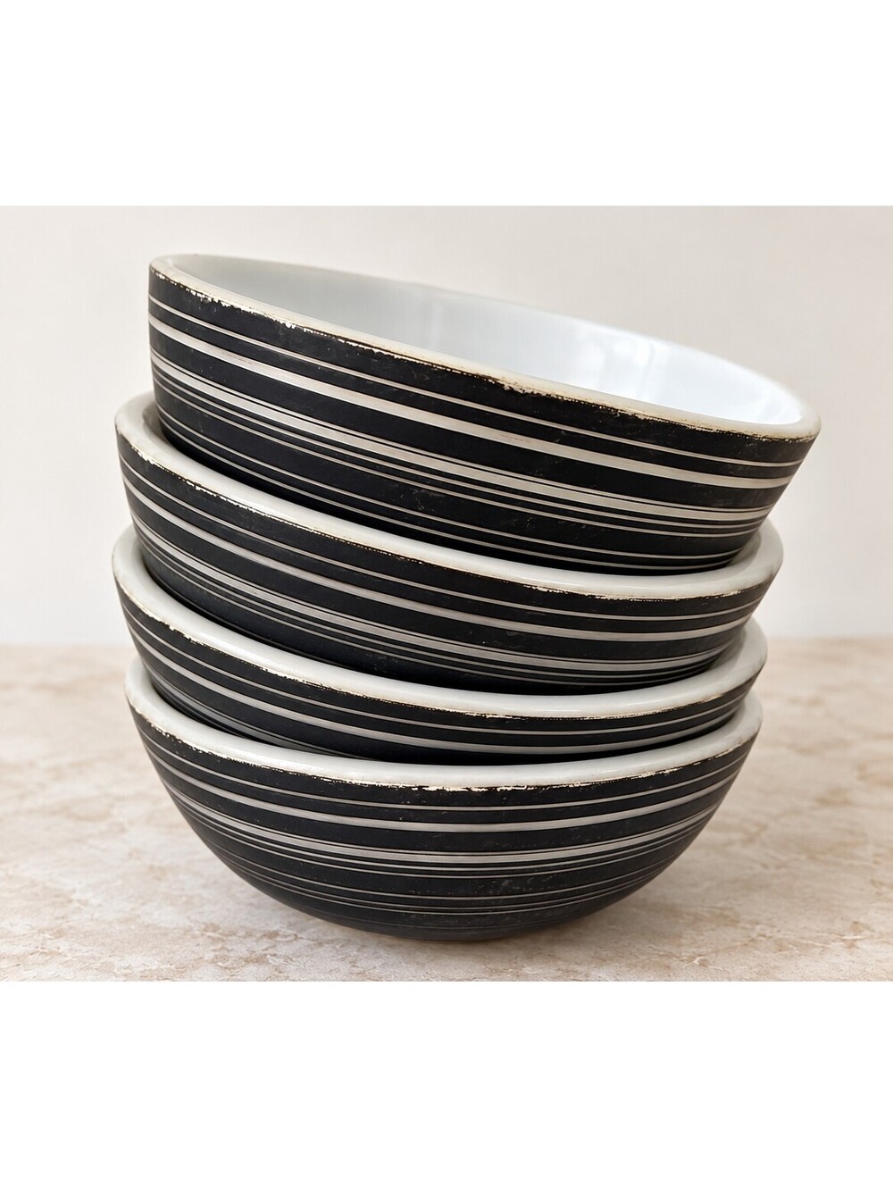 Vintage Pyrex Terra 708 Bowls 5” Matte Black Stripe MCM Corning USA